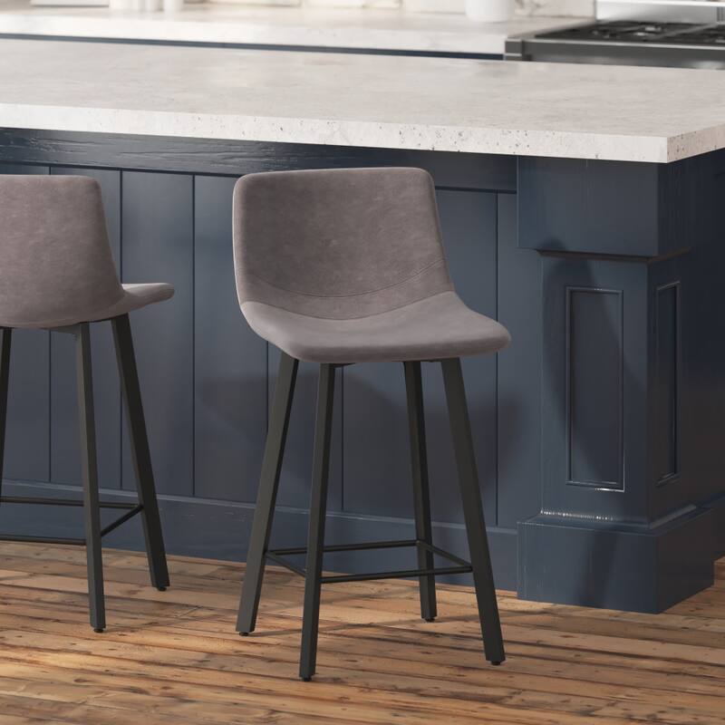 Set of 2 Armless Upholstered Metal Counter Stools - Gray Faux Leather/Black
