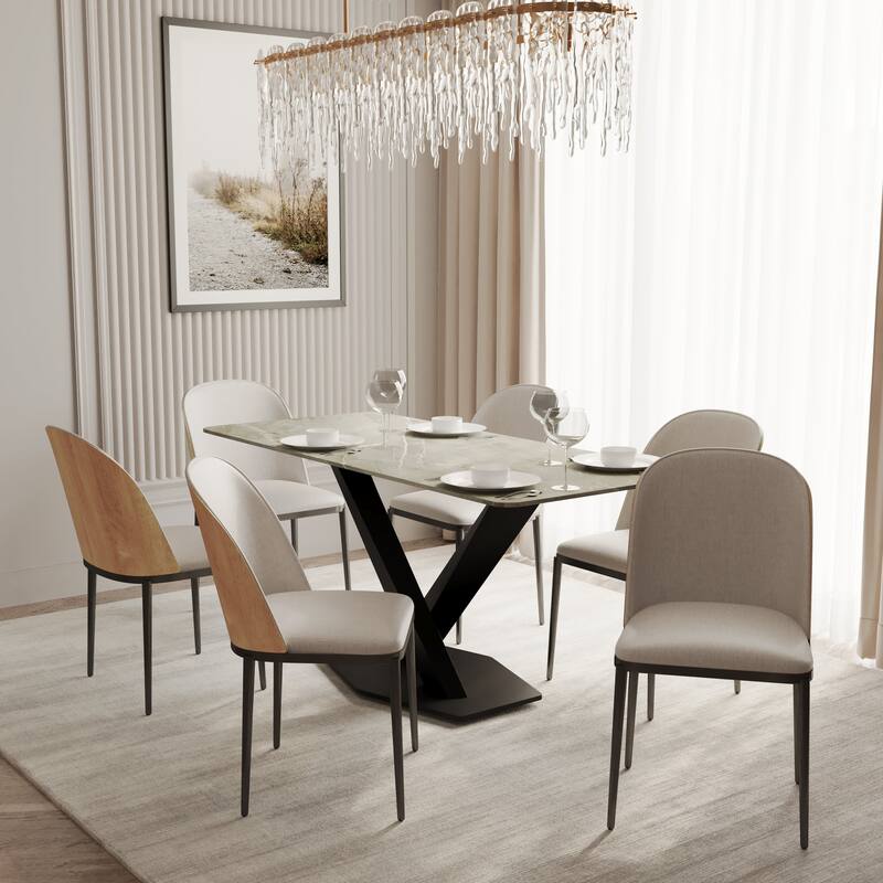 Voren 7-Piece Dining Set 55-Inch Rectangular Sintered Stone Dining Table and 6 Dining Side Chairs