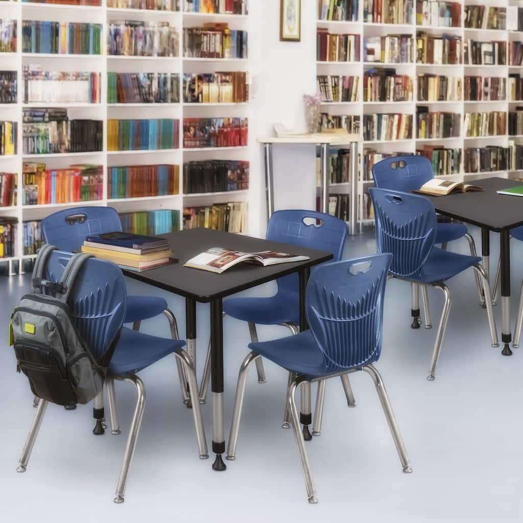30 in. Square Height Adjustable Classroom Table - Grey & 4 18-in Stack Chairs- Navy Blue
