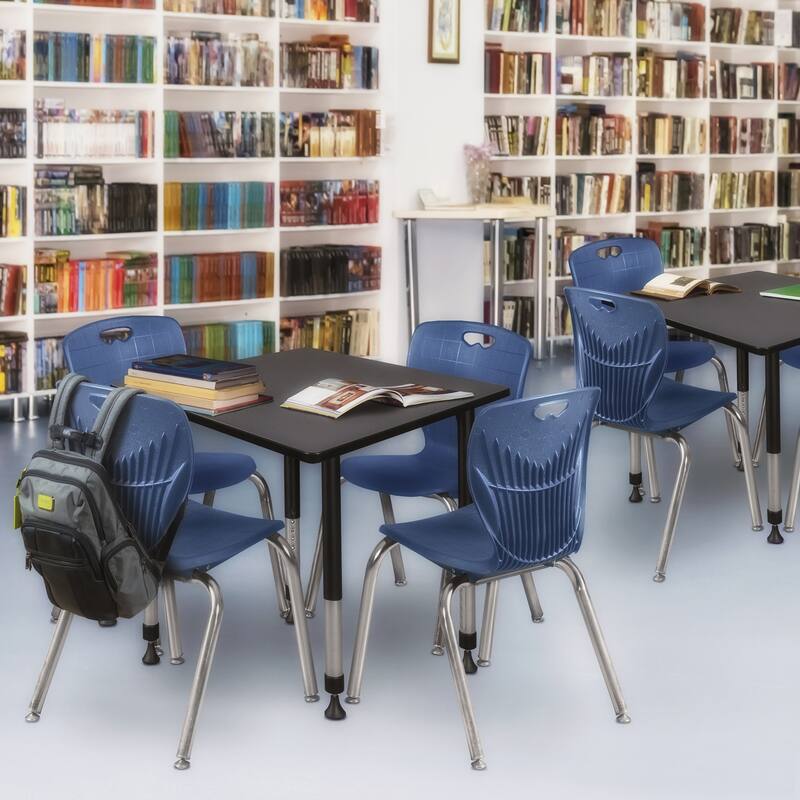 42 in. Square Height Adjustable Classroom Table - Grey & 4 18-in Stack Chairs- Navy Blue