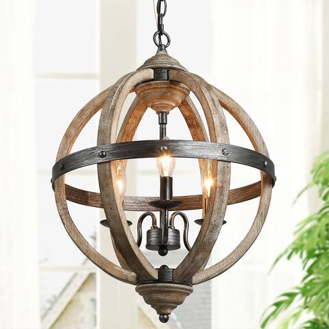 Farmhouse Antique Wood 3-Light Chandelier Global Hanging Pendant for Dining Room Kitchen Island - W 15.7"x H 21.5"