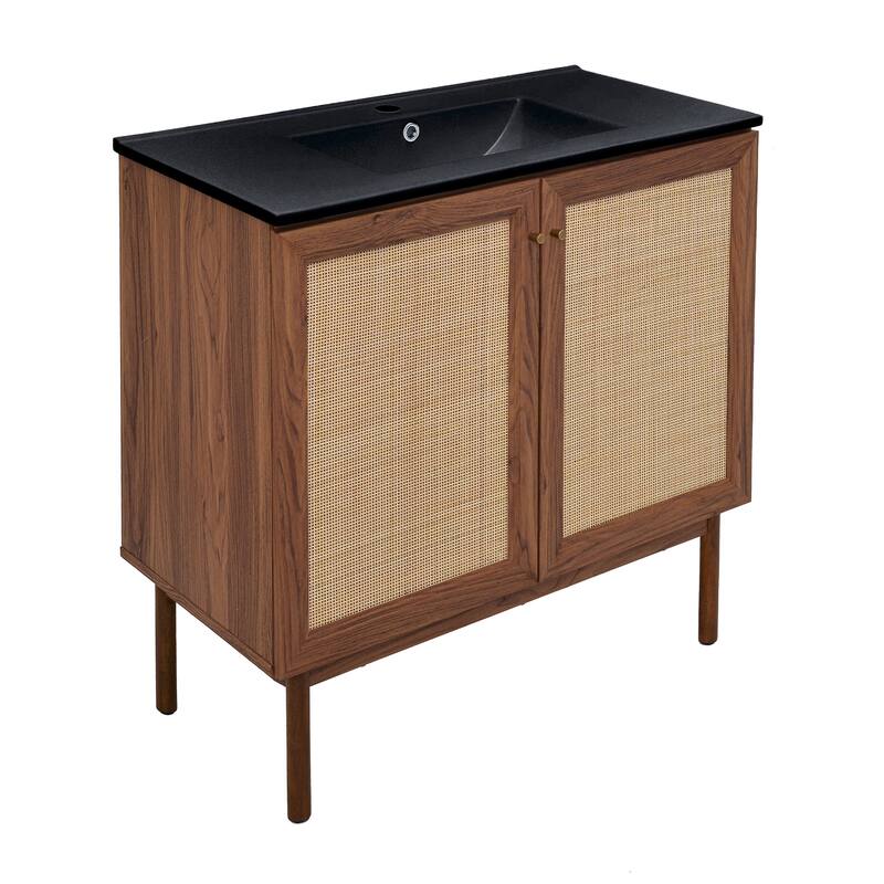 Classe 36 In. Brown Oak Bathroom Vanity With Black Ceramic Sink Top