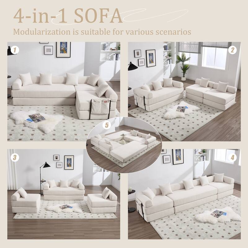 HOMEFUN Corduroy Upholstered Convertible Folding Sofa Bed with Fixed Frame and Pillow Back Handrail