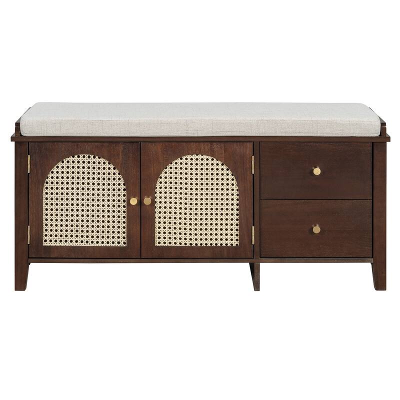 Wood Frame Bench with Shoe Storage, Shoe Bench with Rattan Arched Door and 2 Drawers Entryway Fabric Upholstered Bench