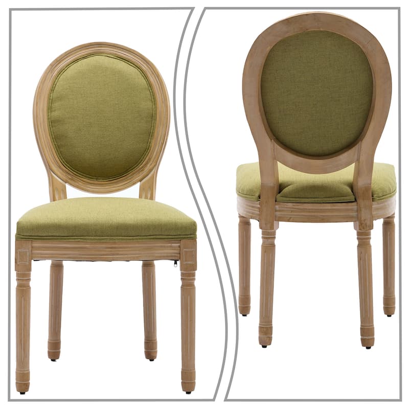 Vintage French Style Set of Two Linen Upholstered Dining Chairs with Solid Rubberwood Frame Legs