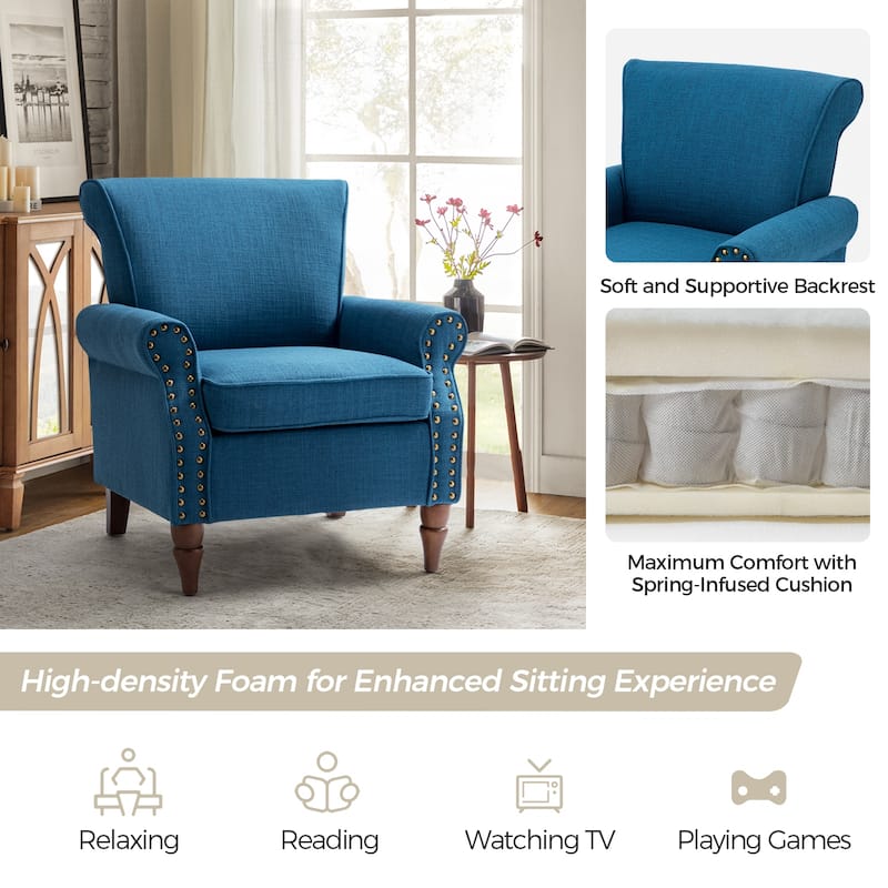 Nyctelius Upholstered Comfy Accent chair with Classic Turned Wooden Legs and Nailhead Trim by HULALA HOME