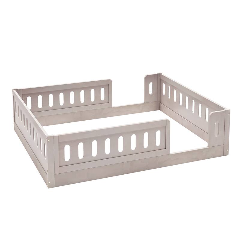 Kids Wood Floor Bed with Semi-Enclosed Guardrail and No-Slat Design