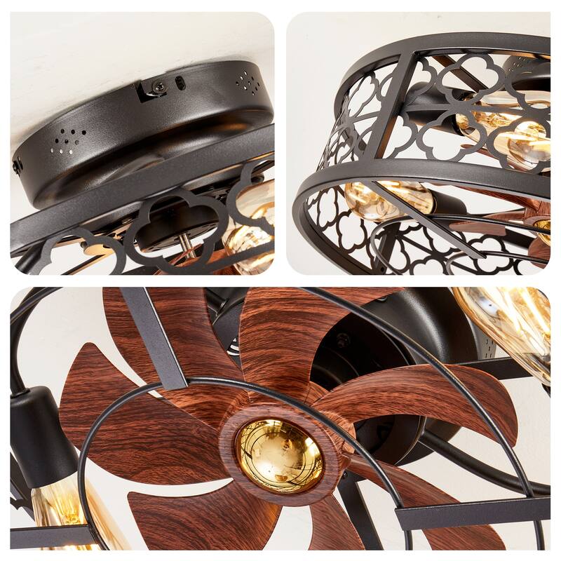 20 inch Flush Mount Ceiling Fan Light with Remote Caged Farmhouse Fandelier Black Wood Low Profile