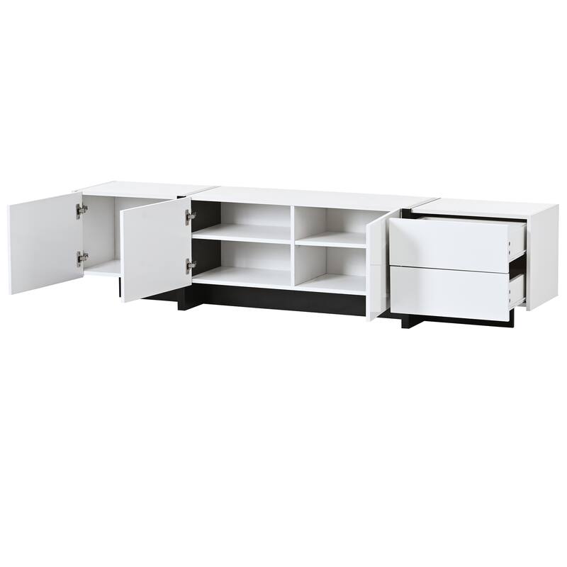 Modern TV Console for TVs Up to 80'', Contemporary Rectangle Design with 3 Cabinets & 2 Drawers, High Gloss Surface