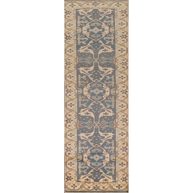 Light Blue Oushak Indian Runner Rug Handmade Wool Carpet - 2'7" x 10'2"