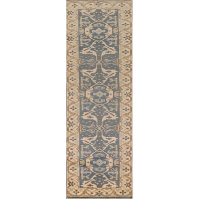 Light Blue Oushak Indian Runner Rug Handmade Wool Carpet - 2'7" x 10'2"
