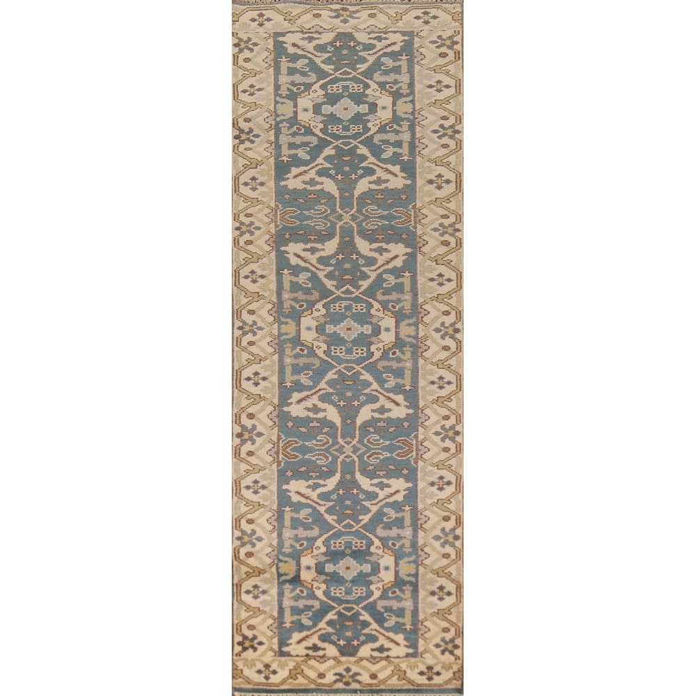 Light Blue Oushak Indian Runner Rug Handmade Wool Carpet - 2'7" x 10'2"