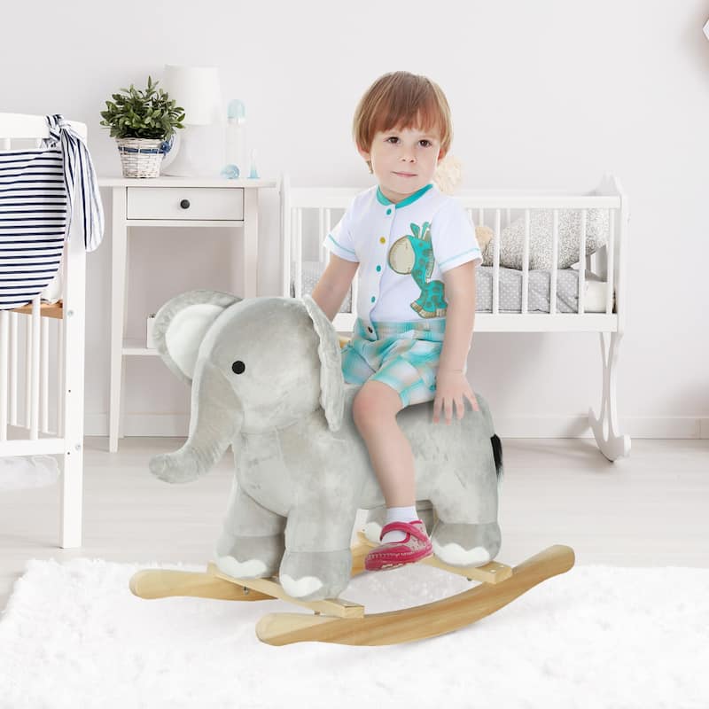 Rocking Horse, Kids Rocking Animal, Elephant Rocker with Realistic Sounds, Plush Ride on Toy for Years 2-4, Gray