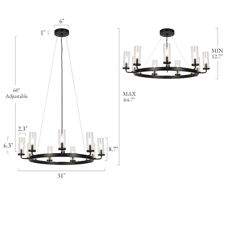 Modern Farmhouse 9-Light Black Wheel Chandelier Glass Metal Ceiling Lights for Dining Living Room - D31" x H8.7"