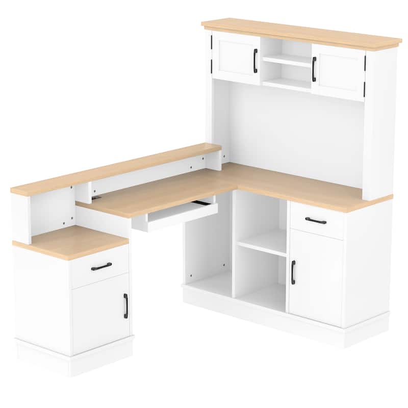 Roomfitters L-Shaped Computer Desk with Power Outlets, Corner Workstation with Hutch and Drawers