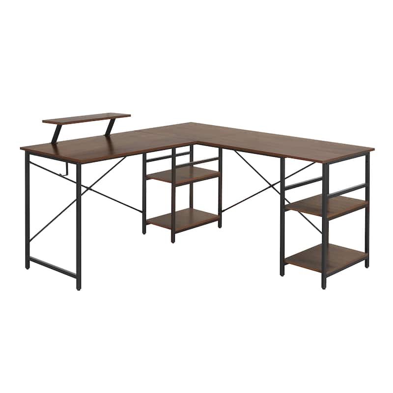 L-Shape Industrial Desk with storage shelves, Walnut