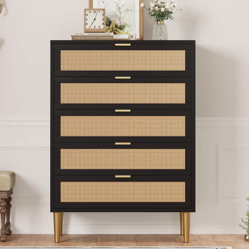 Rattan 5 Drawer Dresser, 44'' Tall Narrow Chest, Farmhouse Vertical Dresser with Metal Legs and Handles
