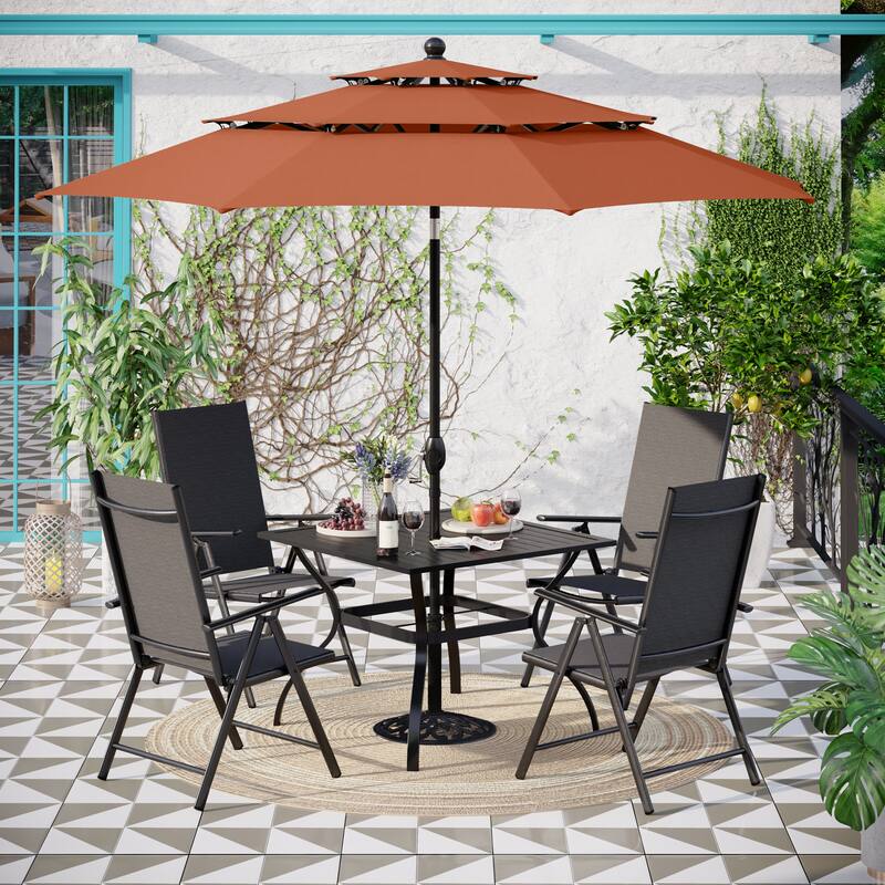 Outdoor 6-piece Patio Dining Set, 1 Square Metal table, 4 Adjustable Folding Chairs and 10ft Umbrella - Red
