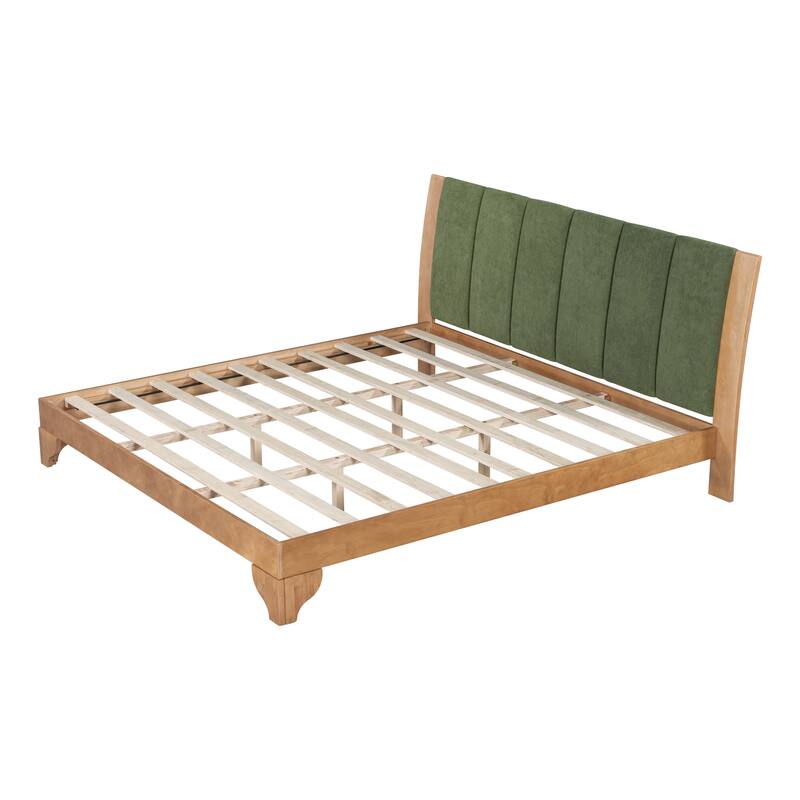 King Size Pine Wood Bed Frame with Headboard, Mid Century Modern Design, Natural & Green Finish