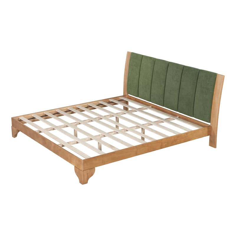 Pine Wood Bed Frame Mid Century Modern Platform Bed with Green Upholstered Headboard, Wood Slat Support Low Profile Wingback Bed