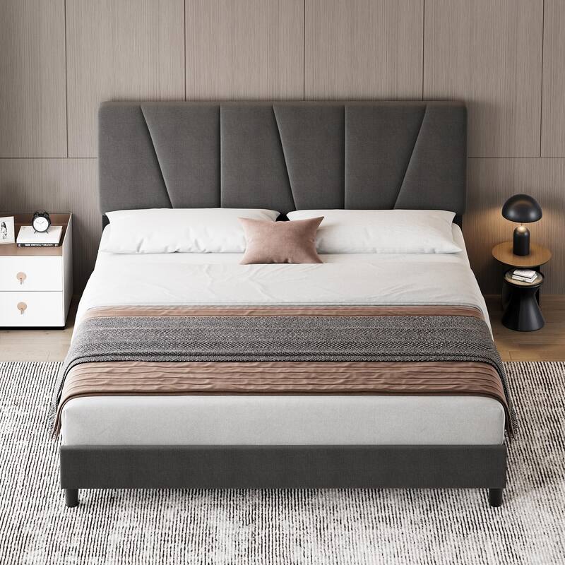 Linen Upholstered Platform Bed Frame with Strong Wooden Slats