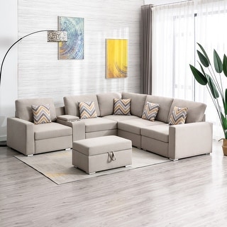 7 Piece Sectional Sofa with Storage Ottoman and Console Table in Beige ...