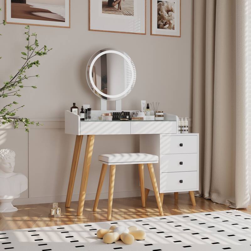 Extendable Make-up Vanity Set with Stool, 5 Drawers Dresser Glass Desktop Dressing Table with Round LED Mirror