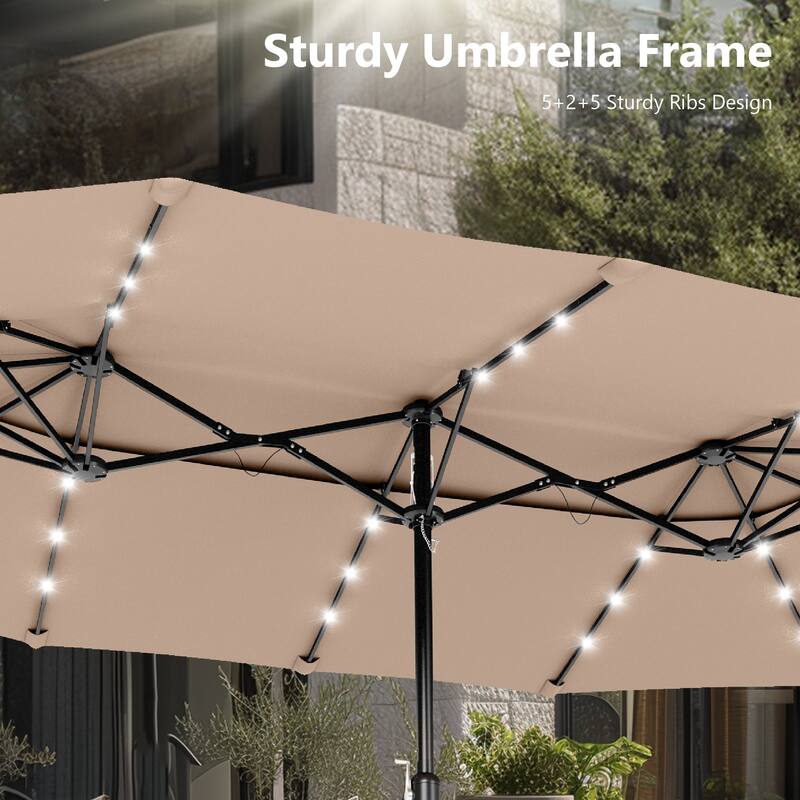 MAISON ARTS 15ft 2-Tier Large Patio Umbrella with Solar Lights, Double-Sided Outdoor Market Umbrellas with Base Included