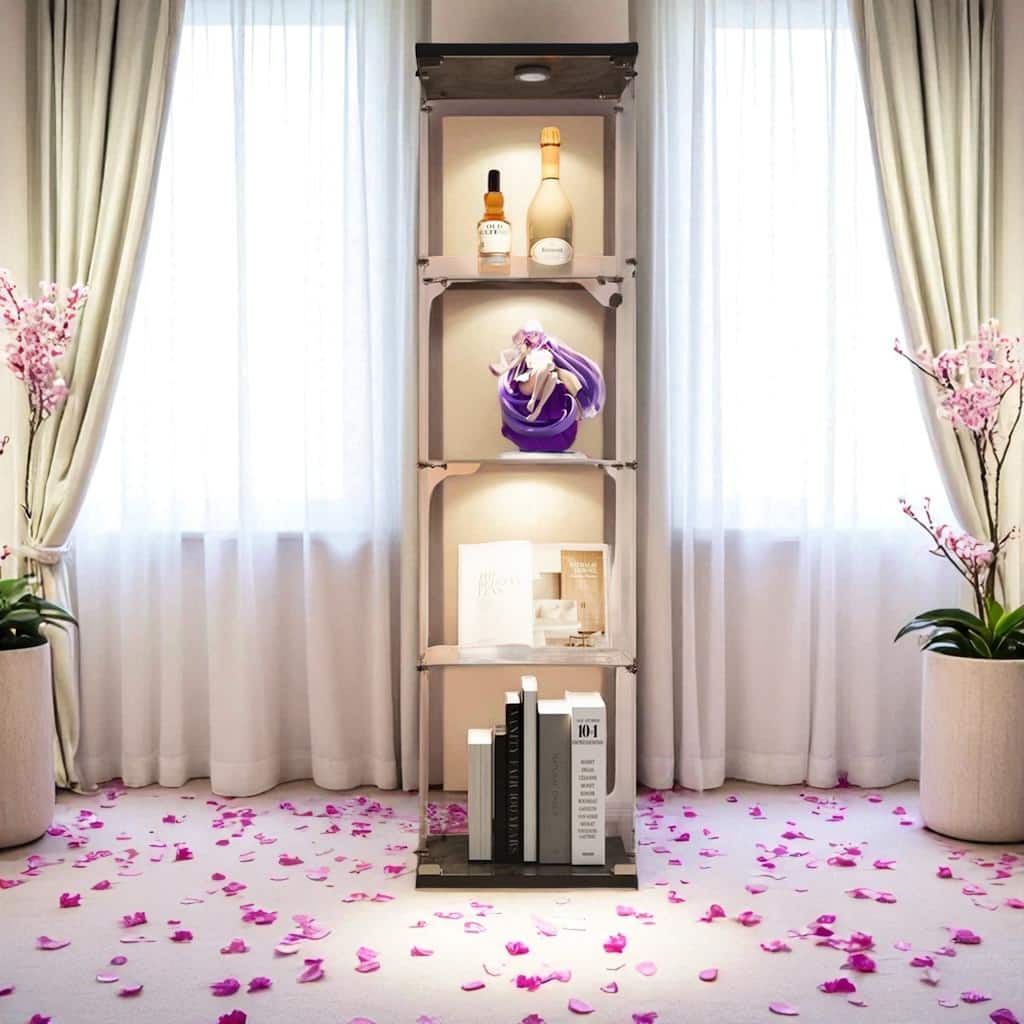 64" Lighted Glass Display Cabinet with One Door, 4 Shelves Tempered Glass Showcase Storage