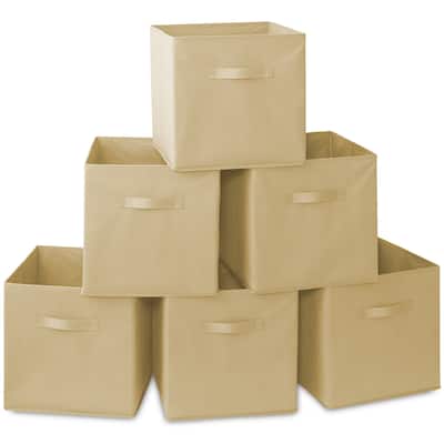 Set of 6 Collapsible Fabric Cubes 13in Storage Bins Beige - Sand - 13" x 13" x 13"