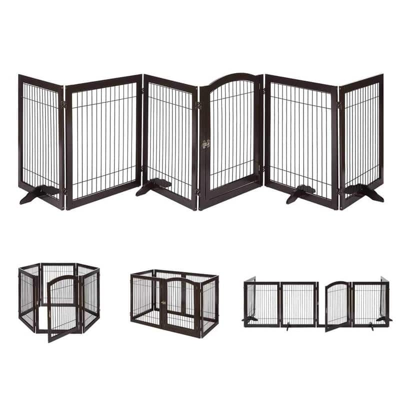 Unipaws Pet Playpen for Dogs, Freestanding 6 Panels Dog Gate - Brown