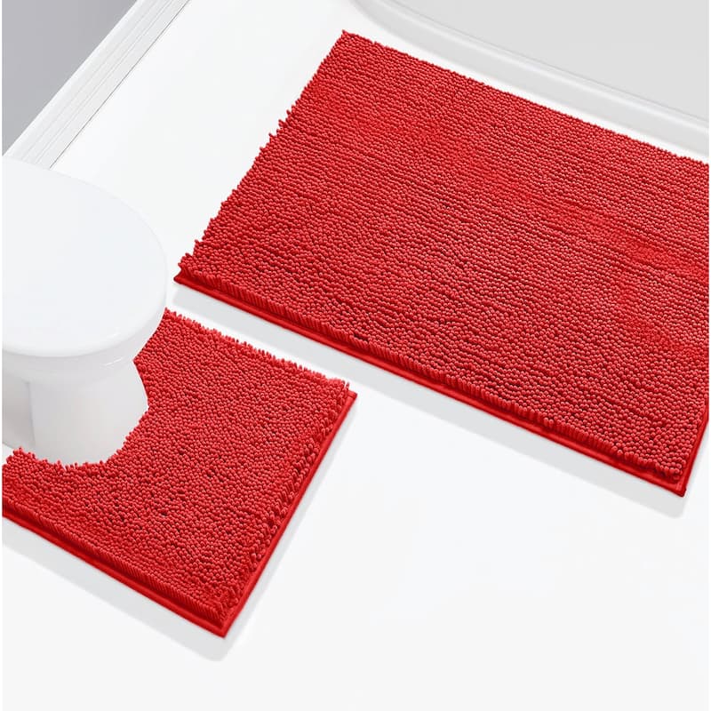 Extra Large 2 Piece Set Red Soft Cozy Plush Chenille Bath Mat Bathroom Rug - Red
