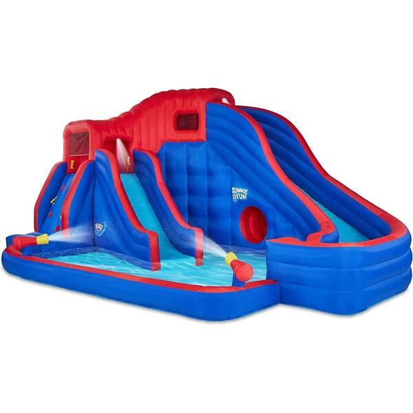 slide 2 of 6, Sunny & Fun Deluxe Aventure Inflatable Water Slide Park & Blow up Pool with Air Pump - Blue