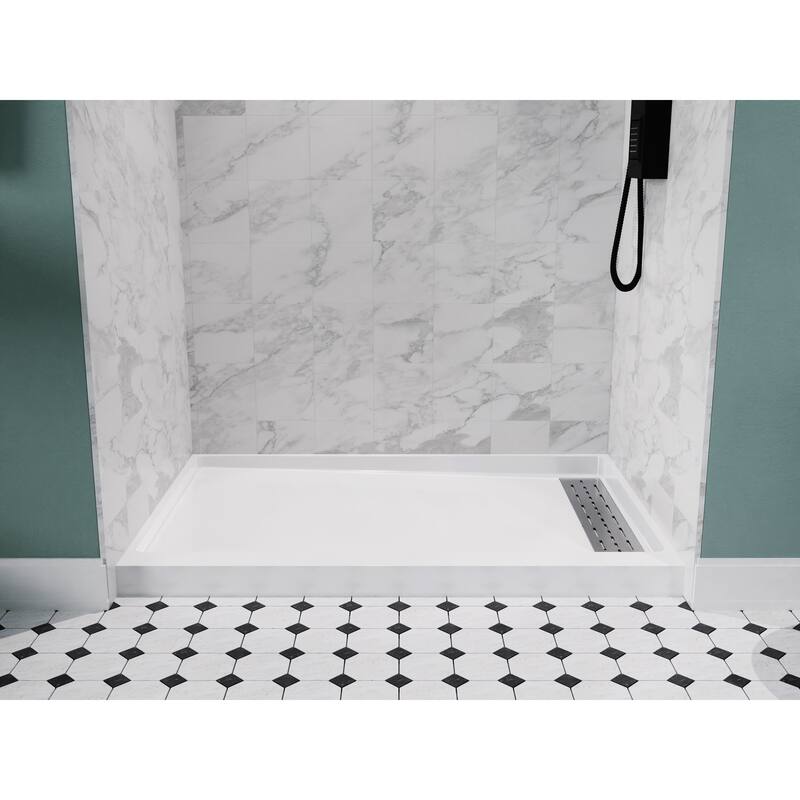 Alexander 60 in. L x 32 in. W Alcove Shower Pan Base with Right Drain in Glossy White Marine Acrylic