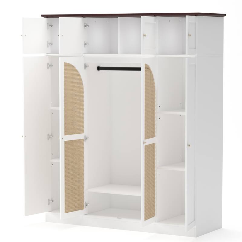 70.87" Large Armoire Wardrobe with 8 Rattan Doors - Adjustable Shelves & Hanging Rod for Bedroom, Walk-In Closet