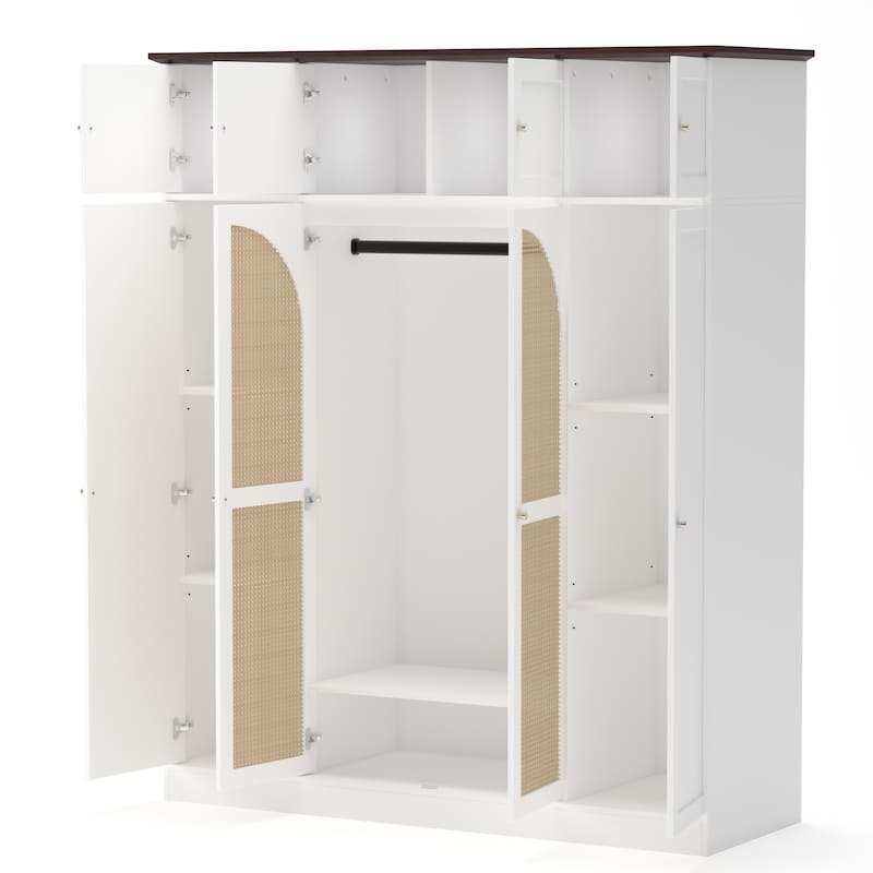 Rattan Decorative Doors Wardrobe Closet with Hanging Rod & Shelves, Large Capacity Armoire Clothing Storage Cabinet