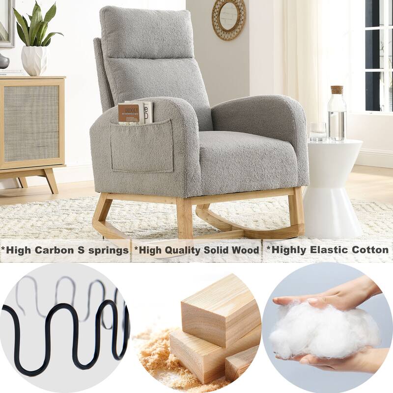 High Backrest Rocking Chair with Rubber Wood Base and Two Side Pocket