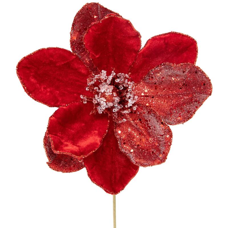 18" Red Velvet Icy Glittered Christmas Flower Pick - 18