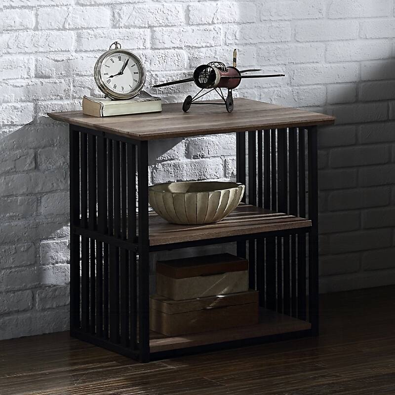 Rustic Industrial Black and Antique Oak Finish Open Shelves Nightstand