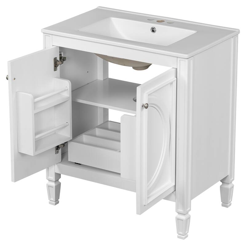 Green 30-Inch Freestanding Vanity with Ceramic Sink, Soft-Close Doors, Adjustable Shelf, and Retro Legs
