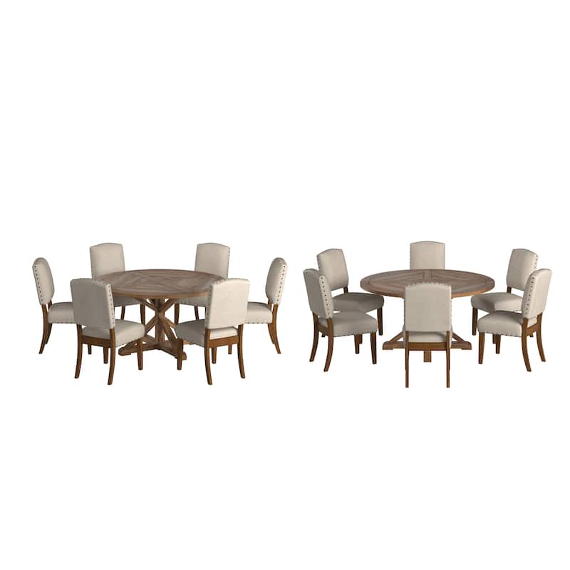 Krakova X-Base Round Table With Premium Tufted Nailhead Upholstered Chairs Set - Beige