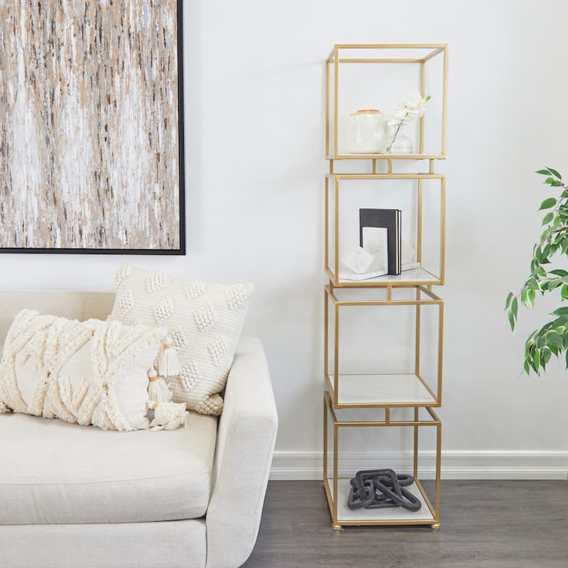 Metal Cube Shelving Unit with 3 or 4 Marble Shelves - Gold - Roche River Decor