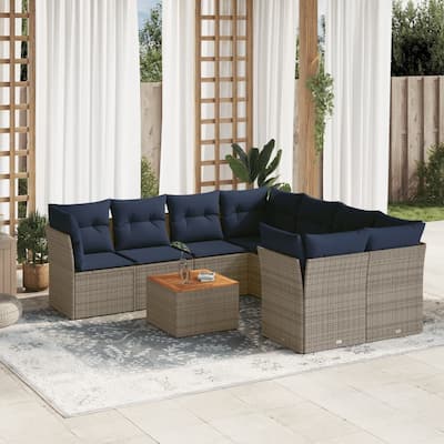 vidaXL Patio Sofa Set with Cushions Outdoor Furniture 9 Piece Poly Rattan - 24.4" x 24.4" x 27.2"