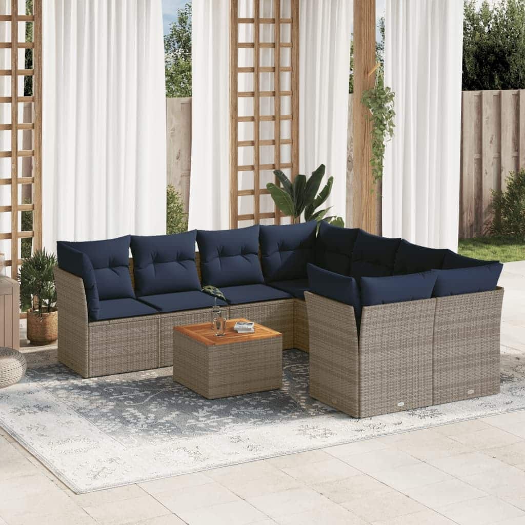vidaXL Patio Sofa Set with Cushions Outdoor Furniture 9 Piece Poly Rattan - 24.4" x 24.4" x 27.2"