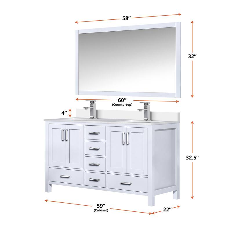 Jacques White Bath Vanity, Cultured Marble Top, Faucet Set and Mirror
