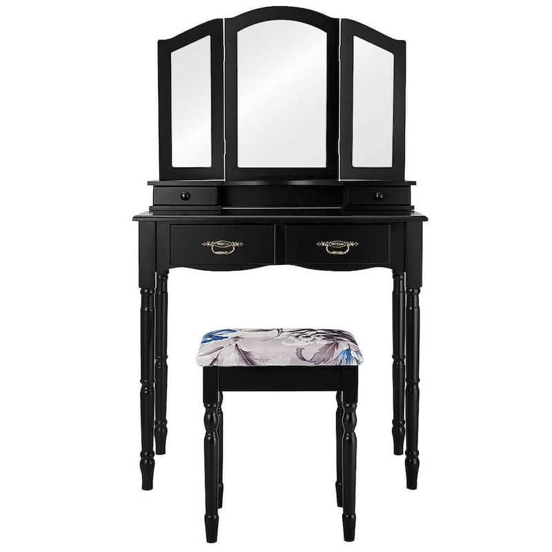 Costway Black Tri Folding Mirror Vanity Makeup Table Stool 4 Drawers