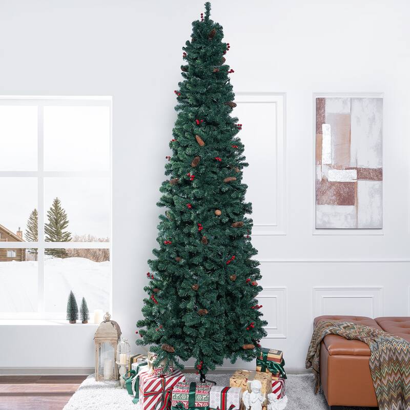 6.5ft Pencil Christmas Tree Prelit pre-Decorated with Pine Cones Red Berries 250 Warm Lights and Metal Stand