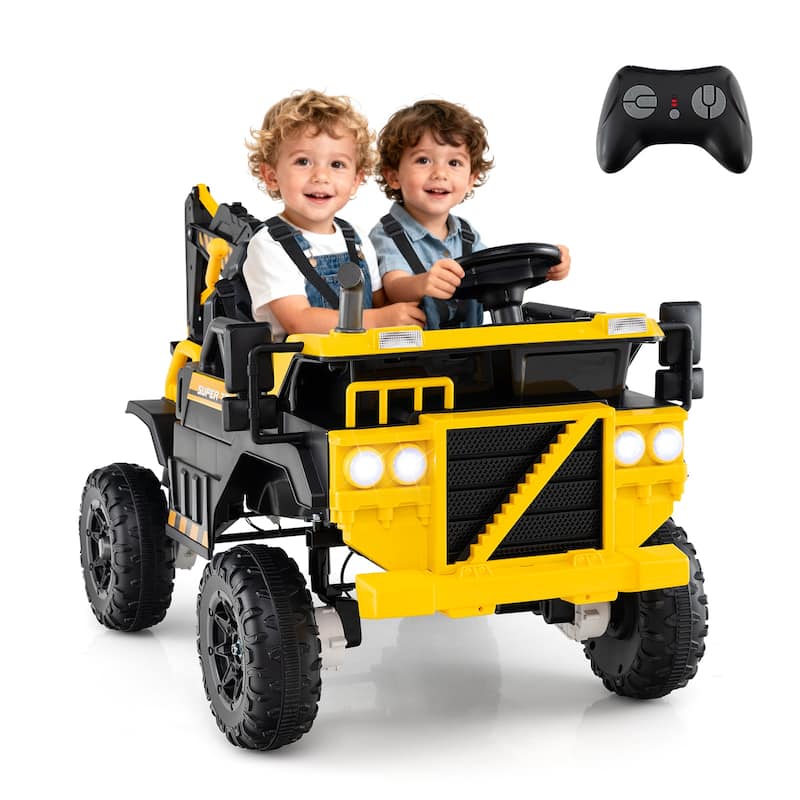 2-Seater Kids Ride-On Excavator Truck with Remote Control LED Lights, Music and Safe Design - 62" x 30.5" x 30.5" (L x W x H)