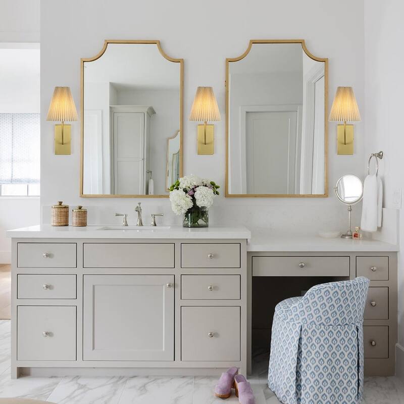 Mid-Century 1-Light Pleated Ivory Fabric Armed Wall Sconce