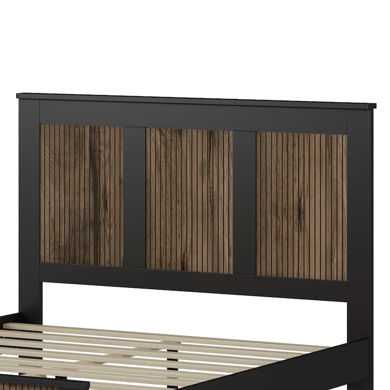 Wooden Platform Bed, Wingback Bed Frame with Wooden Strip Decoration Headboard and Footboard, Plywood Slats Support